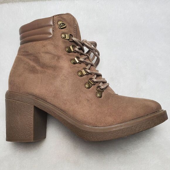 Chunky Boho Lace up Ankle Boots. Suede. Tan. Side zip. 3" heel. Rubber soles and - Picture 1 of 11